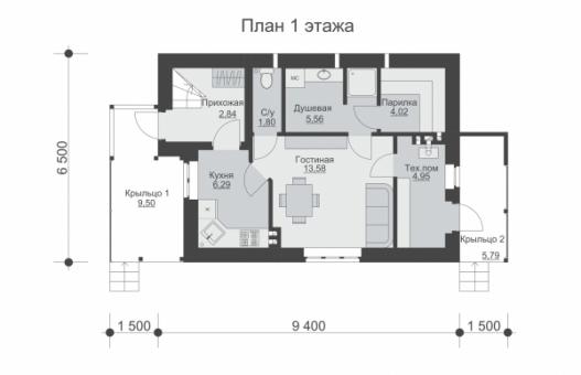 Одноэтажная баня с мансардой и террасой.