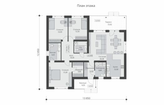 Одноэтажный дом с тремя спальнями и террасой